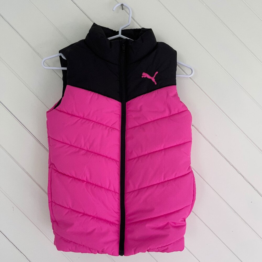 PUMA pink and black puffer vest, size S (7-8)